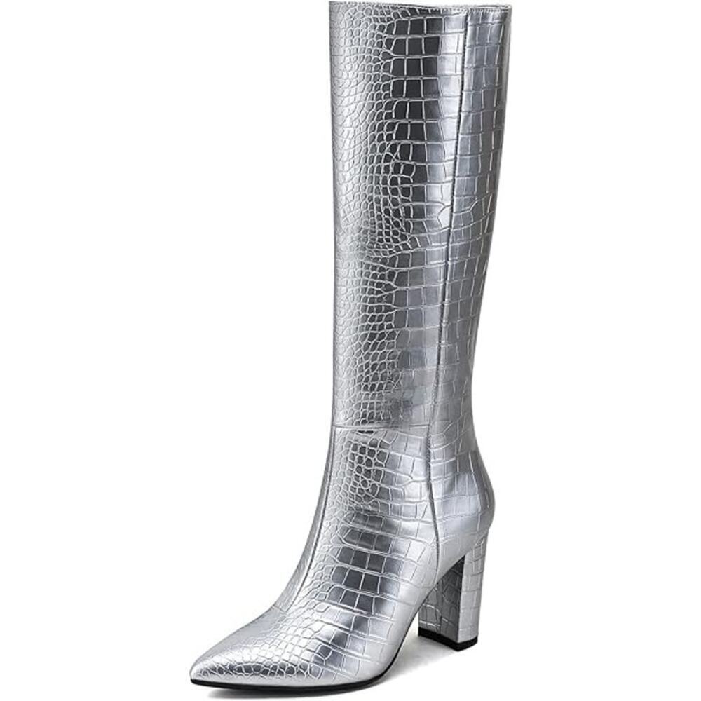 NEW Modatope Knee High Boot Women GoGo Boot Faux Crocodile Boot Heel Pointed Toe - Picture 6 of 6